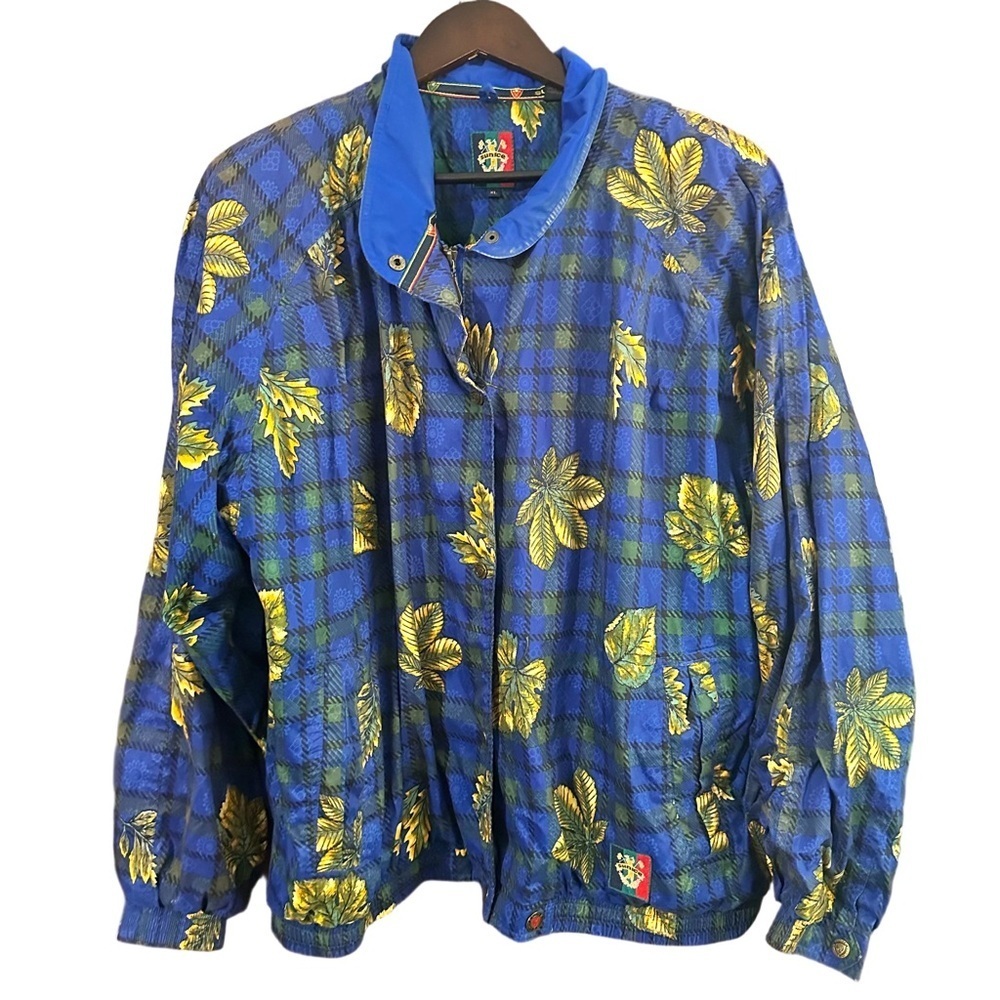 Sunice Vintage Blue & Gold Leaves Plaid Lined Zip Front Button Ski Jacket Sz XL